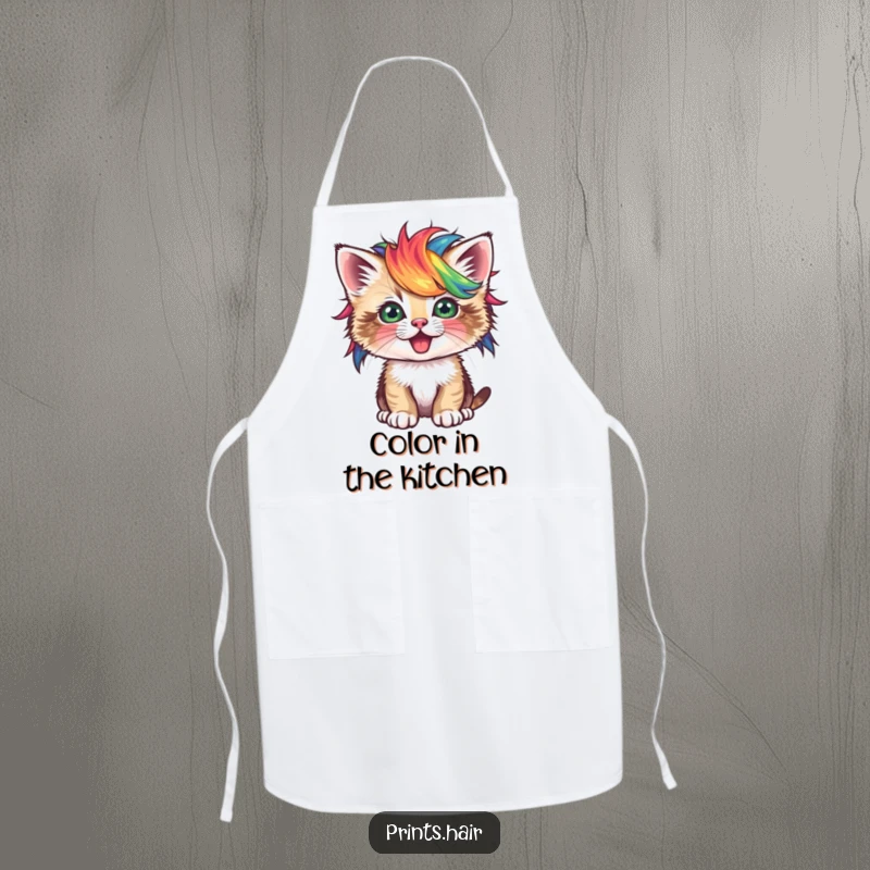 Funny Apron: A playful kitten wearing a tiny, vibrant, and unusual wig, looking stylish while cooking.