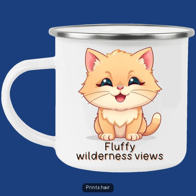 Funny Camping Mug: Happy Cat With Fluffy Shapes, Outdoorsy Fun