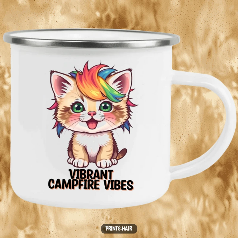 Funny Camping Mug: A playful kitten wearing a tiny, vibrant, unusual wig, looking cheerful outdoors.