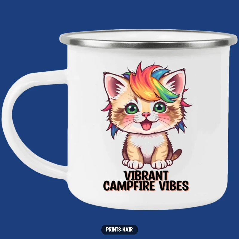 Funny Camping Mug: Kitten In Vibrant Wig, Outdoor Fun For Cat Fans