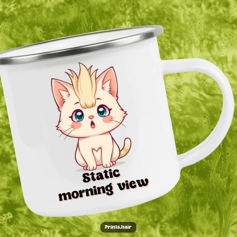 Funny Camping Mug: A surprised cat with comically huge, upright hair, looking shocked outdoors.