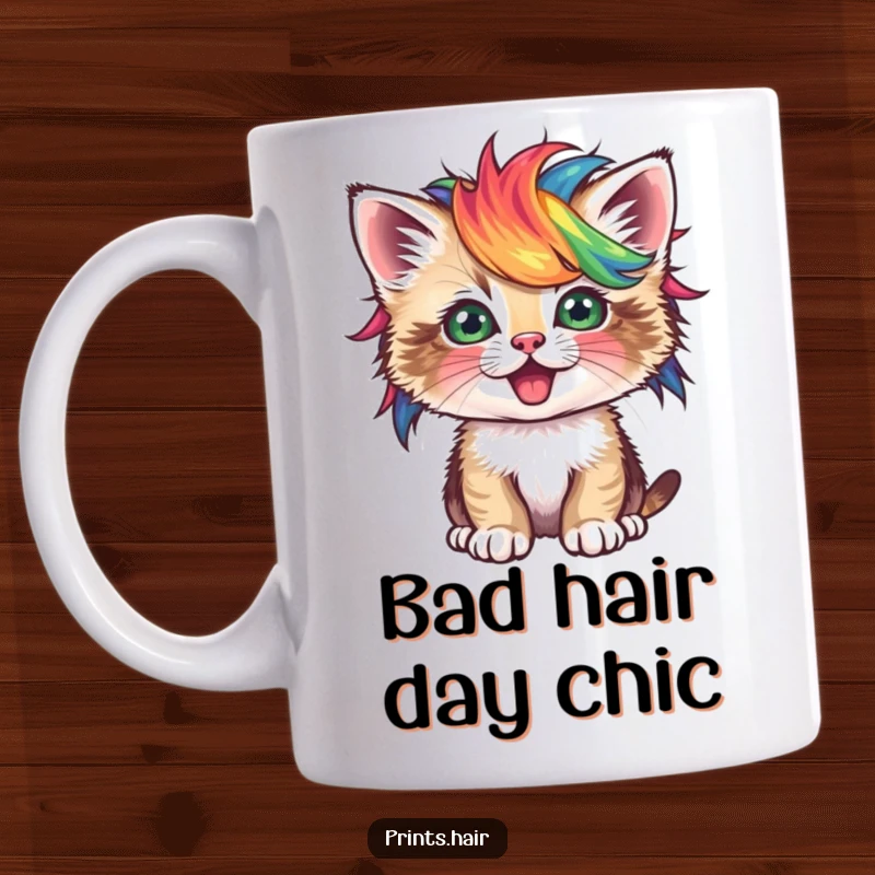 Funny Kitten Mug: A playful kitten wearing a tiny, brightly colored, unusual wig, looking sassy and cute.