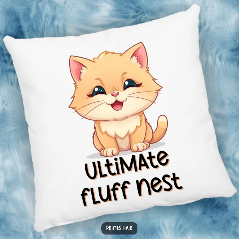 Funny Pillow: A happy cat with its fur styled into fluffy, whimsical shapes, looking content and cuddly.