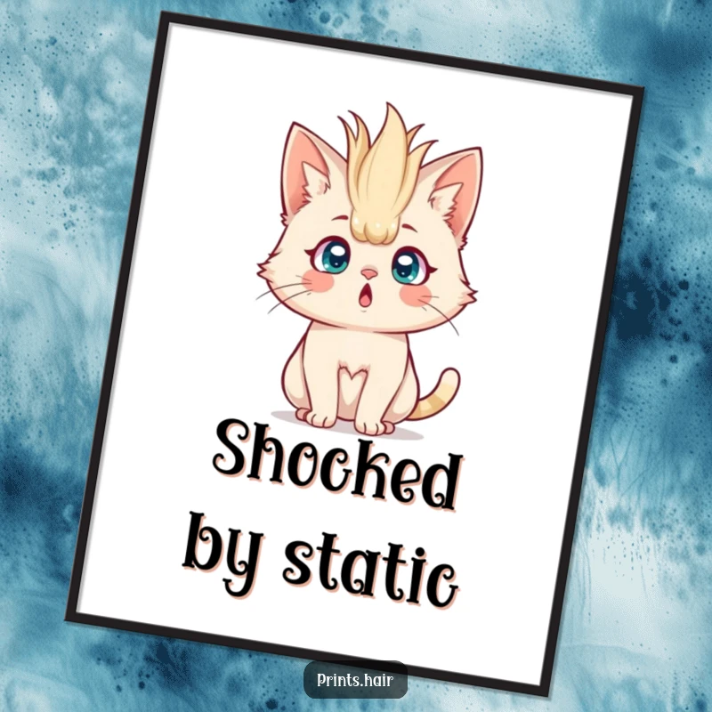 Funny Digital Art: A surprised cat with comically enormous, spiky hair standing straight up, a humorous illustration.