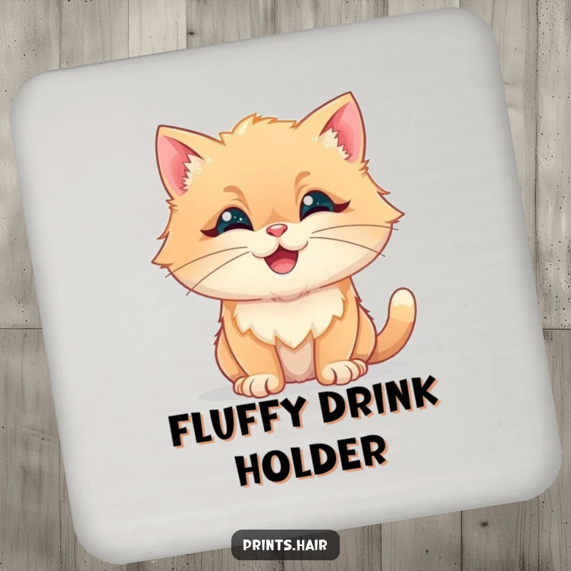 Funny Coasters: A happy cat with its fur styled into whimsical, fluffy shapes, protecting drinks.