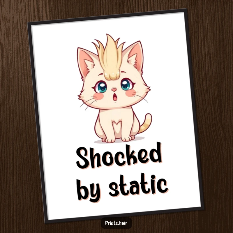Funny Poster: A cat with extremely large, spiky hair standing straight up, eyes wide with comical surprise.