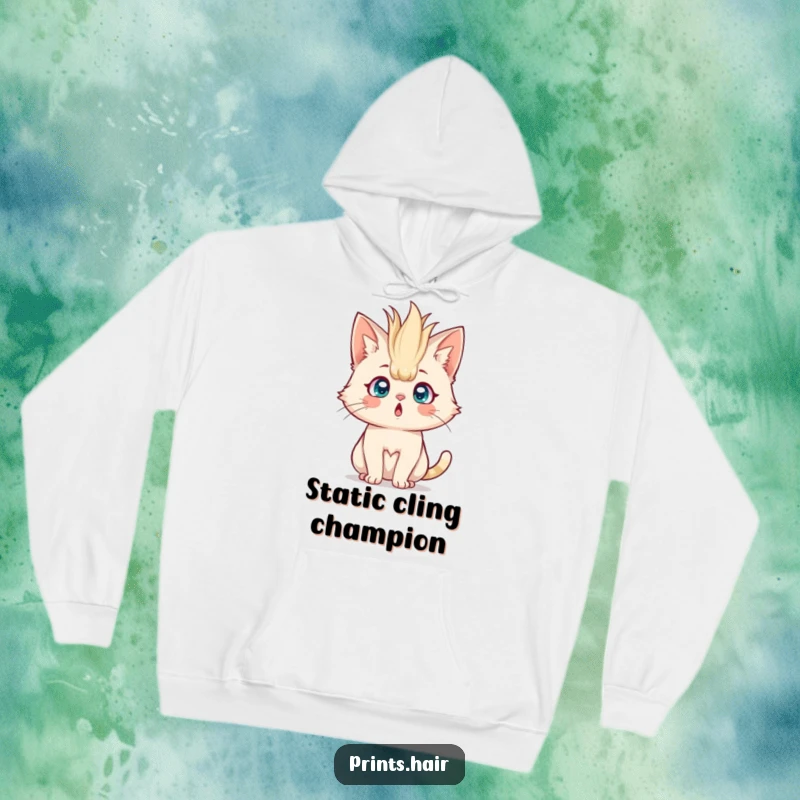 Funny Hoodie: A bewildered cat with voluminous, gravity-defying, spiky hair standing straight up in surprise.