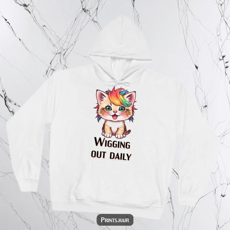 Funny Hoodie: A playful kitten adorned with a small, vibrant, and uniquely colored wig, looking adorable.