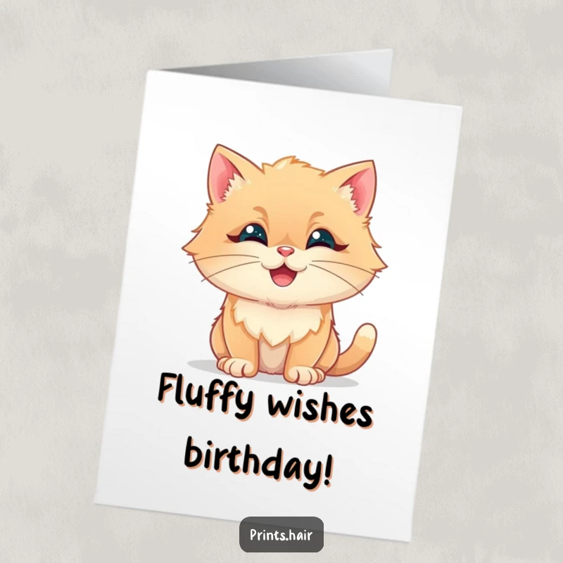 Funny Free Printable Birthday Card: Happy cat with fur styled into clouds and swirls, radiating joy, perfect for print at home.