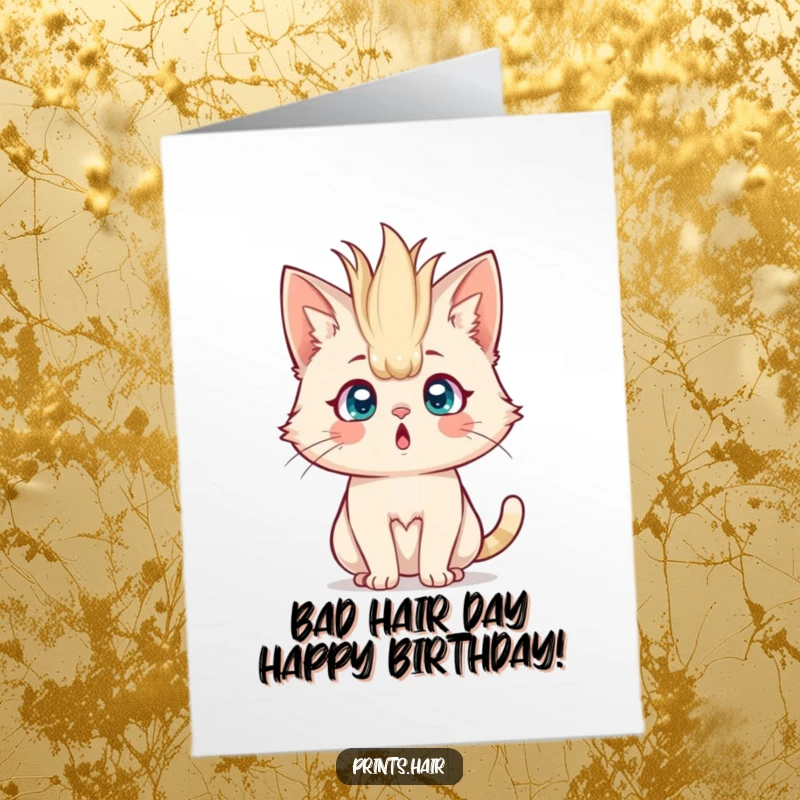 Funny Free Printable Birthday Card: Stunned cat with voluminous, upright hair, shocked expression, perfect for print at home gifting.