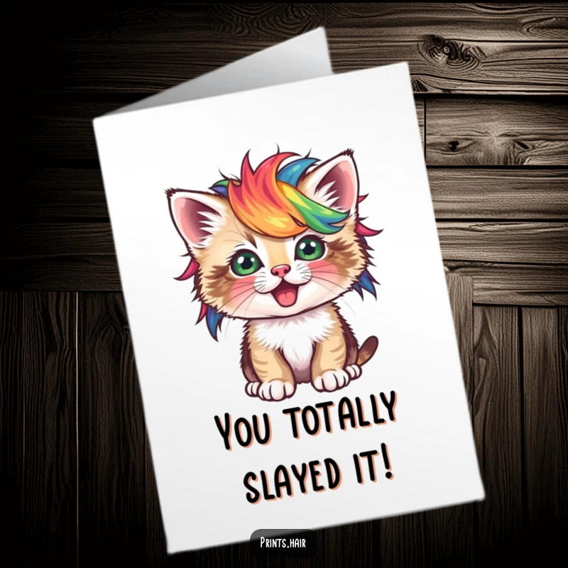 Funny Free Printable Congrats Card: Cute kitten wearing a bright, funky wig, celebrating an achievement, perfect for print at home.