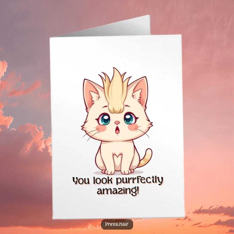 Funny Free Printable Congrats Card: Cat with wild, standing hair, wide eyes, celebrating a surprise win, perfect for print at home joy.