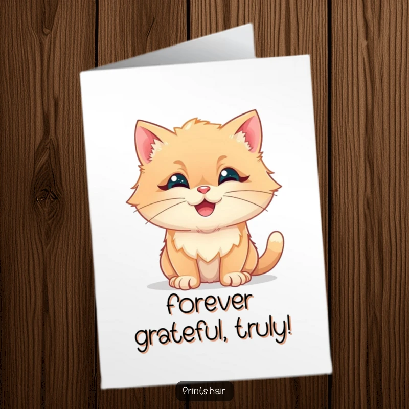 Funny Free Printable Thank You Card: Cat with soft, whimsical fur shapes, looking sweet while saying thank you, great for print at home.