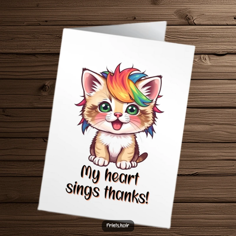 Funny Free Printable Thank You Card: Adorable kitten with a colorful, stylish wig, conveying thanks with a playful wink, great for print at home.