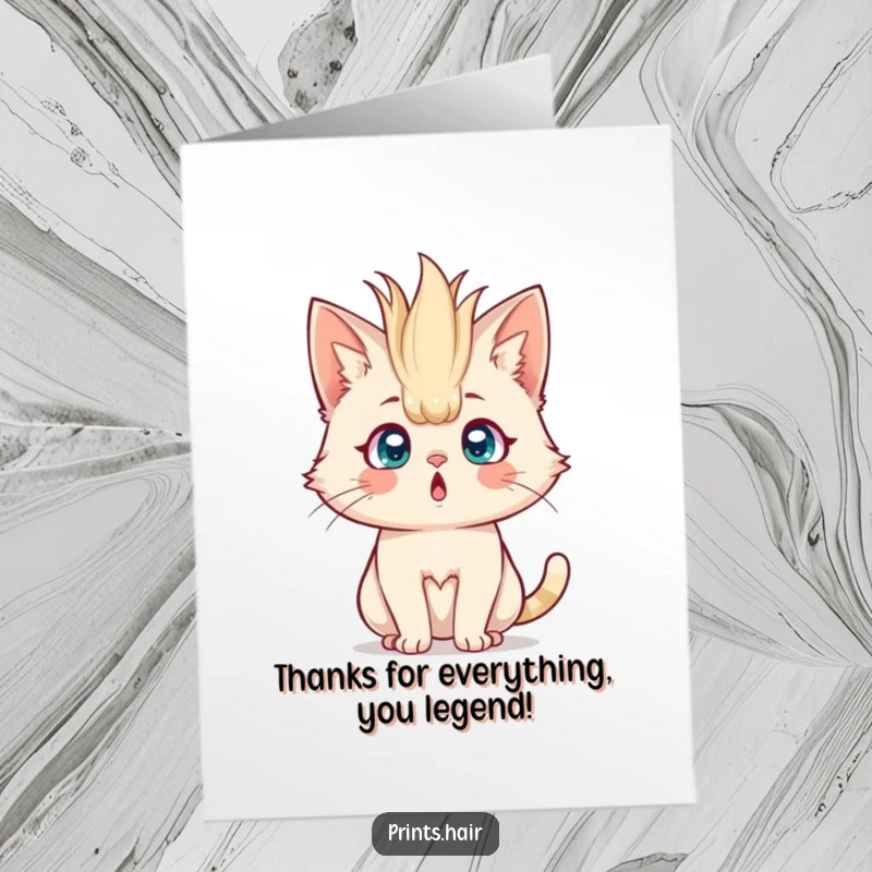 Funny Free Printable Thank You Card: Amazed cat with a massive hair explosion, expressing thanks, great for print at home gestures.