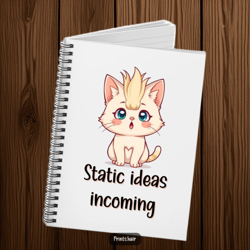 Funny Notebook: A surprised cat with comically enormous, spiky hair standing straight up, ready to write.