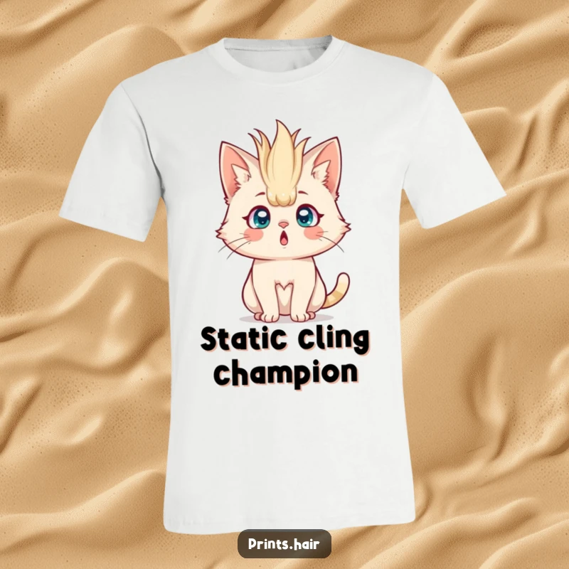 Funny T-Shirt: A startled cat with incredibly large, spiky, upright hair, expressing extreme shock and amusement.