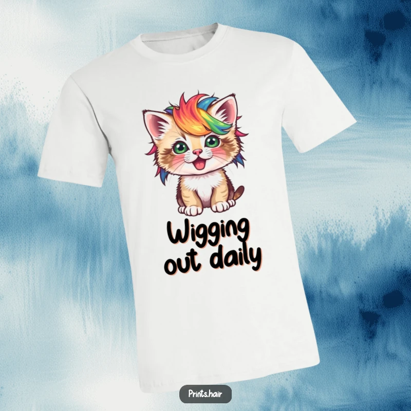Funny T-Shirt: A cute kitten sporting a small, vibrant, and unusually colored wig with a playful expression.
